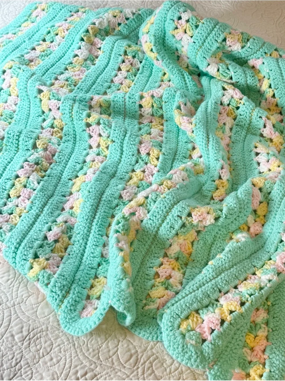 Vintage handmade crocheted afghan blanket mint green pink yellow stripe